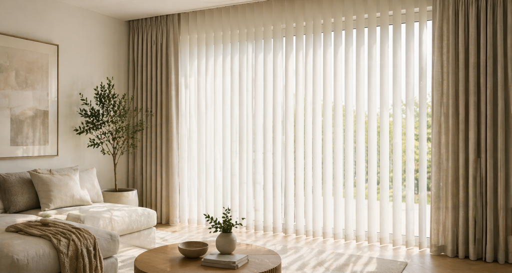 Collage of modern window furnishings including blinds, curtains, plantation shutters, outdoor blinds, security door and fly screens in a contemporary home.